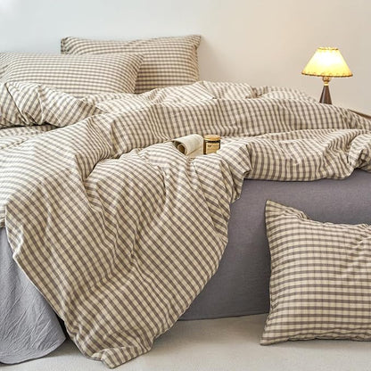 Gingham Duvet Cover Twin Grey Washed Cotton Comforter Cover Twin Size Checkered Boho Patterned Vintage Duvet Cover Set with Hidden Zipper Plaid Teen Bedding Set Cute Duvet Protector