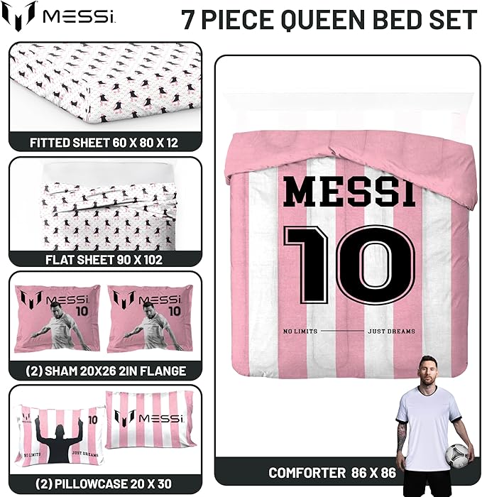Jay Franco Kids Comforter Set Includes Sheets and Pillow Covers - Soft and Cozy Bed Set for Stylish Room Decor, Official Licensed Bedding, Pink - Messi, 7 Piece Queen