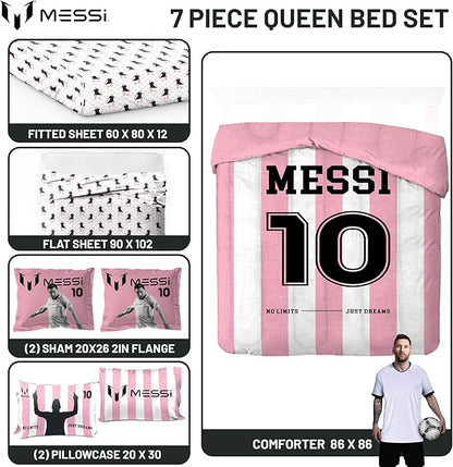 Jay Franco Kids Comforter Set Includes Sheets and Pillow Covers - Soft and Cozy Bed Set for Stylish Room Decor, Official Licensed Bedding, Pink - Messi, 7 Piece Queen