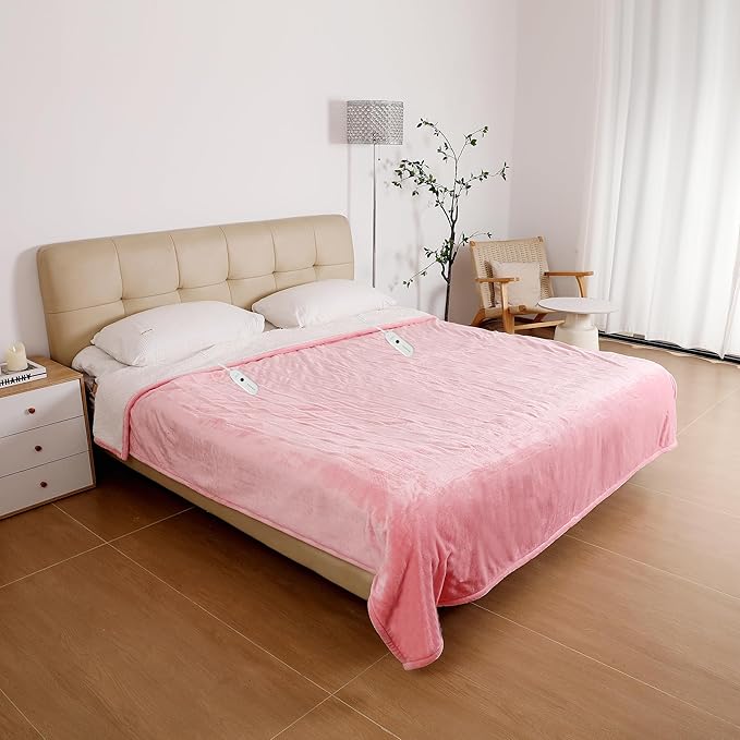 ESTINGO Heated Blanket Queen, Dual Control Electric Blanket Queen Size with 5 Heating Levels & 10 Hours Auto Off, Machine Washable Plush Heating Blanket for Bed Camping Office 84" x 90", Pale Pink