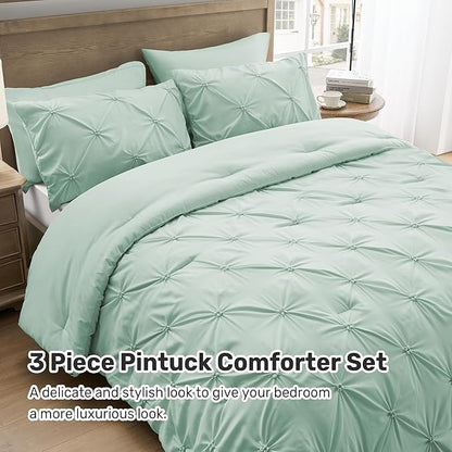 UNIKOME Queen Comforter Set Sage Green - Ultra Soft Boho Pintuck Down Alternative Bedding Set for All Seasons, 3 Pieces Lightweight Warm Pinch Pleat Bed Set with Comforter, 2 Pillowcases