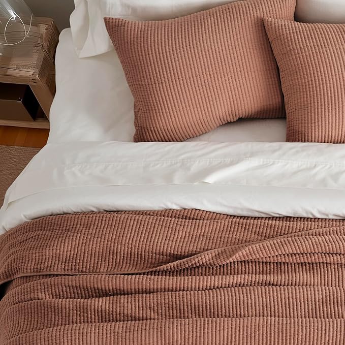 EVERGRACEHOME Cotton Coverlet Set Full Queen Size 3 Pieces, Lightweight Soft Ribbed Matelassé Bedspread Quilt Set, Cozy Oversized Quilted Bedding Set with 2 Pillow Shams for All Seasons, Clay