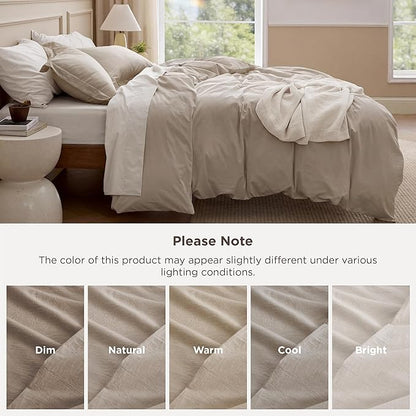 Bedsure 100% Washed Cotton Duvet Cover Queen Size - Frosted Almond Minimalist Bedding Set Linen Like - PureWoven Plain Simple & Soft Comforter Cover for All Seasons, Frosted Almond, Queen, 90"x90"