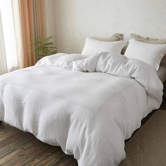 Simple&Opulence 100% Washed Linen Duvet Cover Set 88"x92" - 3 Pieces Soft Farmhouse Comforter Cover Set Double Embroidered with Button Closure - 1 Duvet Cover and 2 Pillowshams (White, Queen)