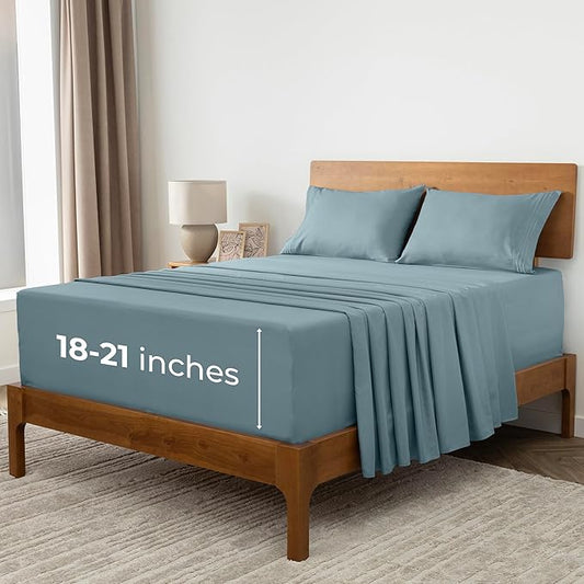 Mellanni Extra Deep Split King Sheets - 5 PC Iconic Collection Bedding - Hotel Luxury, Ultra Soft, Cooling Bed Sheets - Wrinkle, Fade, Stain Resistant (Split King, Spa Blue)