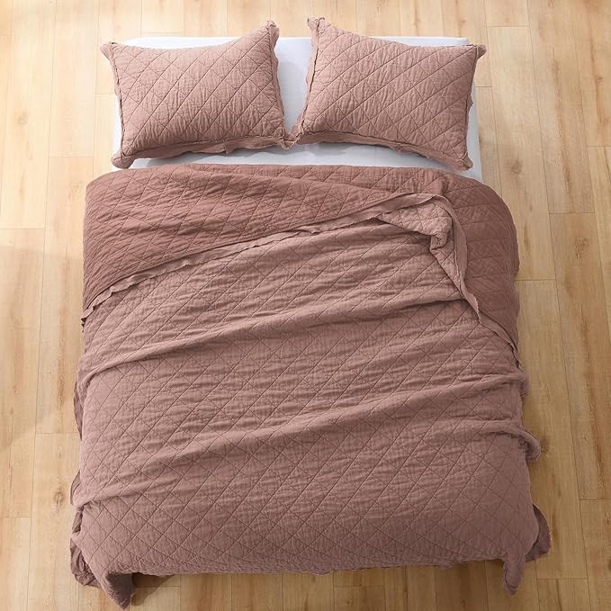 HORIMOTE HOME 100% Linen Front/100% Cotton Back Quilt Set King Size, Cameo Rose Pre-Washed European Flax Linen Quilt, Diamond Stitch Bedspread Coverlet Bedding Set 3-Piece for All Seasons