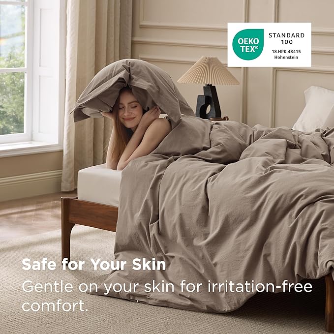 Bedsure 100% Washed Cotton Duvet Cover Oversized Queen - Light Brown Minimalist Bedding Set Linen Like - PureWoven Plain Simple & Soft Comforter Cover 3-Piece (Light Brown, Oversized Queen, 98"x98")