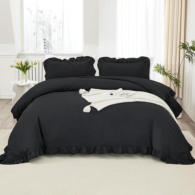 Litanika Black Queen Comforter Set, 3 Pieces Ruffle Farmhouse Aesthetic Bedding Comforter Set, All Season Soft Lightweight Fluffy Microfiber Bed Set(90x90In Comforter, 2 Pillowcases)