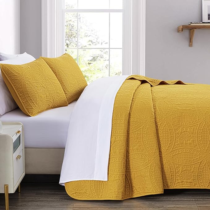 Chezmoi Collection Austin King Bedspread Set 3-Piece Pinsonic Quilted Oversized Bedspread Coverlet Set, King, Mustard | Oversized, Lightweight, Fade Resistant