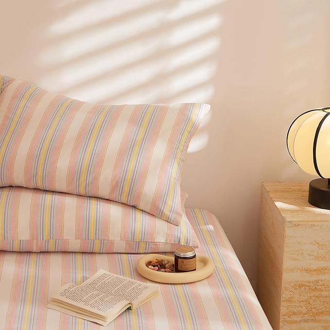 EAVD Stripes Duvet Cover Set Twin 100% Washed Cotton Colorful Striped Bedding Duvet Cover Set with Streak Pillowcases-Farmhouse Modern Style Ultra Soft Breathable Zipper Closure Corner Ties