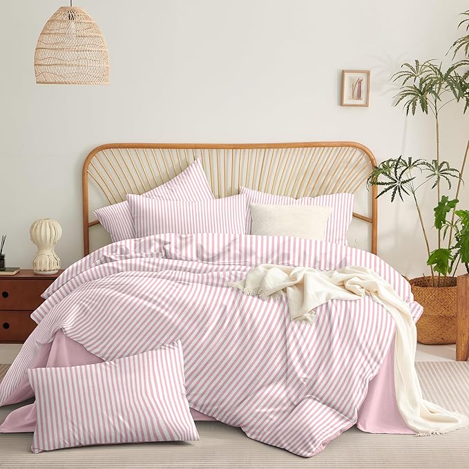 Nayoroom Pink Striped Duvet Cover Queen Size White Stripe Duvet Cover Dorm Bedding Set 3 Pieces Soft Lightweight Washed Microfiber Farmhouse Bedding Set Gifts for Women Men