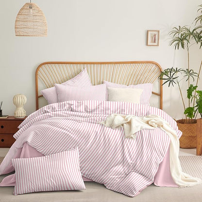 Nayoroom Pink Striped Duvet Cover Queen Size White Stripe Duvet Cover Dorm Bedding Set 3 Pieces Soft Lightweight Washed Microfiber Farmhouse Bedding Set Gifts for Women Men