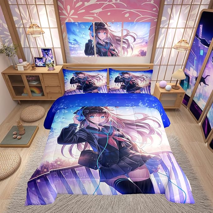 Erosebridal Anime Girl Bedding Set King Size, Japanese Anime Comforter Set for Kids Boys Teens Bedroom Decor, Cartoon Girl Duvet Insert Kawaii Japanese Animation Quilt with 2 Pillow Cases