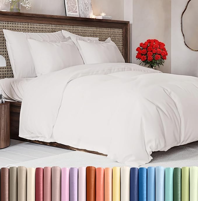 Duvet Cover Queen Size Set - Extra Soft Queen Duvet Cover 90" x 90" with 2 Pillow Shams - Hotel Luxury, Easy Care & Fade Free with Zipper Closures and Ties - Comfy, Cozy & Breathable (Antique White)