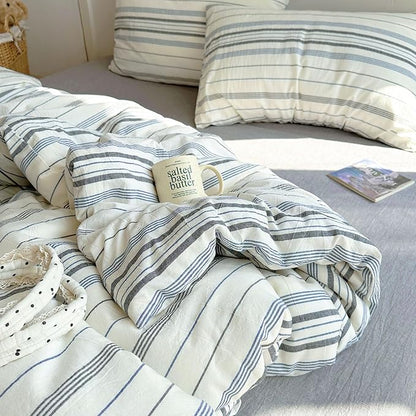 EAVD Vintage Blue Grey and White Striped Duvet Cover Full Soft 100% Cotton Chic Stripes Bedding Set with 2 Pillowcases Retro Geometric Duvet Cover with Zipper Closure Corner Ties