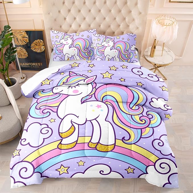 Axolotl Rainbow Unicorn Bedding Set Queen,Purple Unicorn Kids Comforter Sets with Stars Cloud for Girls,1 Quilt with 2 Pillowcases for Girls Kids Teens Children Adults Bedroom Decor All Season