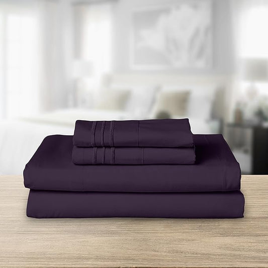 Elegant Comfort Luxurious 1500 Premium Hotel Quality Microfiber Three Line Embroidered Softest 4-Piece Bed Sheet Set, Wrinkle and Fade Resistant, King, Eggplant-Purple