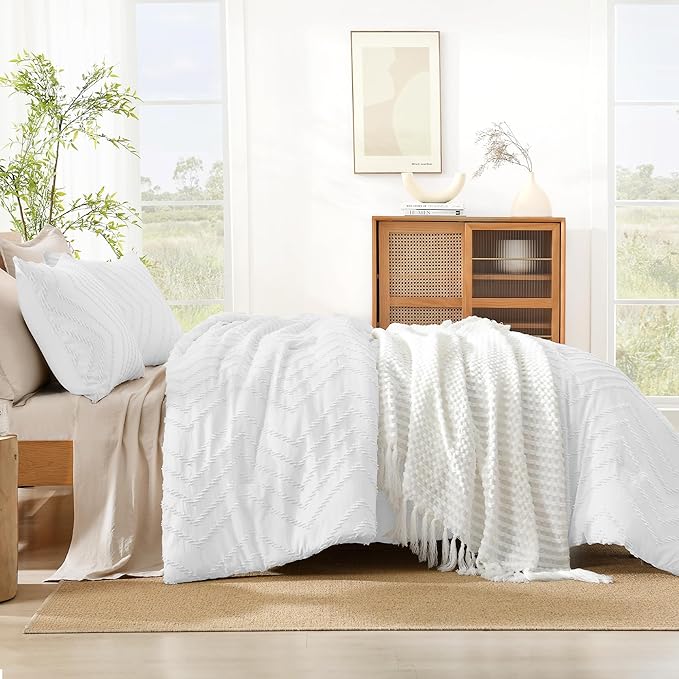 Litanika Comforter Oversized King Size Set White, 3 Pieces Chevron Tufted Vintage Solid Bedding Comforter Sets, Fluffy Bed Set