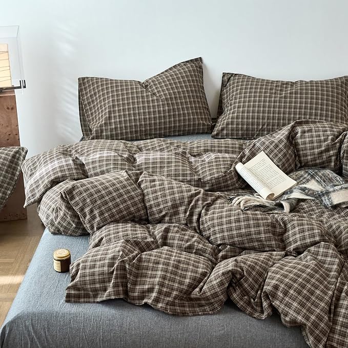 Vintage Buffalo Plaid Duvet Cover Grid Bedding Set King, 100% Washed Cotton Vintage Plaid Checkered Comforter Cover, 3 Piece Brown Gingham Duvet Cover Linen Feel Farmhouse Grid Bedding Set King