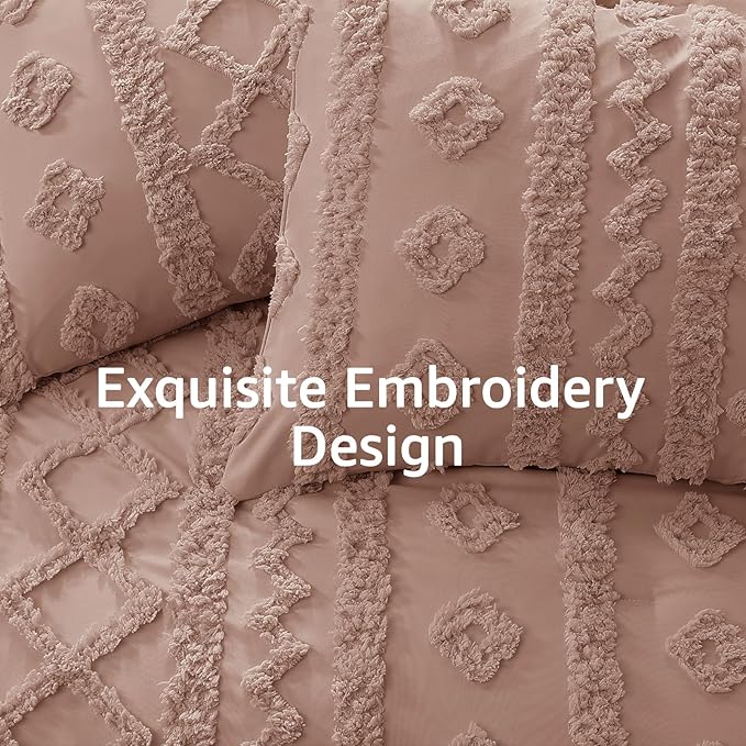 WRENSONGE King Size Comforter Set with Sheets - 7 Pieces Rusty Pink Tufted Bed in a Bag King Shabby Chic Bedding Sets with 1 Comforter, 2 Sheets, 2 Pillowcases & 2 Shams