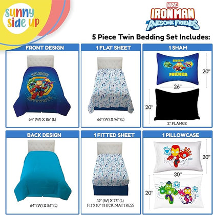 Sunny Side Up Kids Comforter Set Includes Sheets and Pillow Covers - Soft and Cozy Bed Set for Stylish Room Decor, Blue - Iron Man and His Awesome Friends, 5 Piece Twin Size Bedding