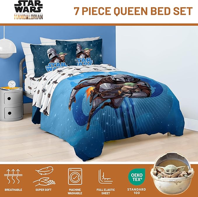 Jay Franco Kids Comforter Set Includes Sheets and Pillow Covers - Soft and Cozy Bed Set for Stylish Room Decor, Official Licensed Bedding, Blue - The Mandalorian, 7 Piece Queen