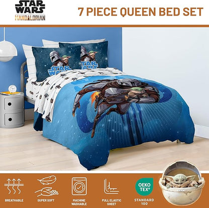 Jay Franco Kids Comforter Set Includes Sheets and Pillow Covers - Soft and Cozy Bed Set for Stylish Room Decor, Official Licensed Bedding, Blue - The Mandalorian, 7 Piece Queen