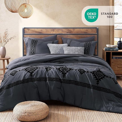 MaiRêve Embroidery King Size Comforter Set Crown Blue, Boho Farmhouse Western Bedding Set 7 Pieces, All Season Bed in A Bag Comforter Set with Sheets, Pillowcases & Shams