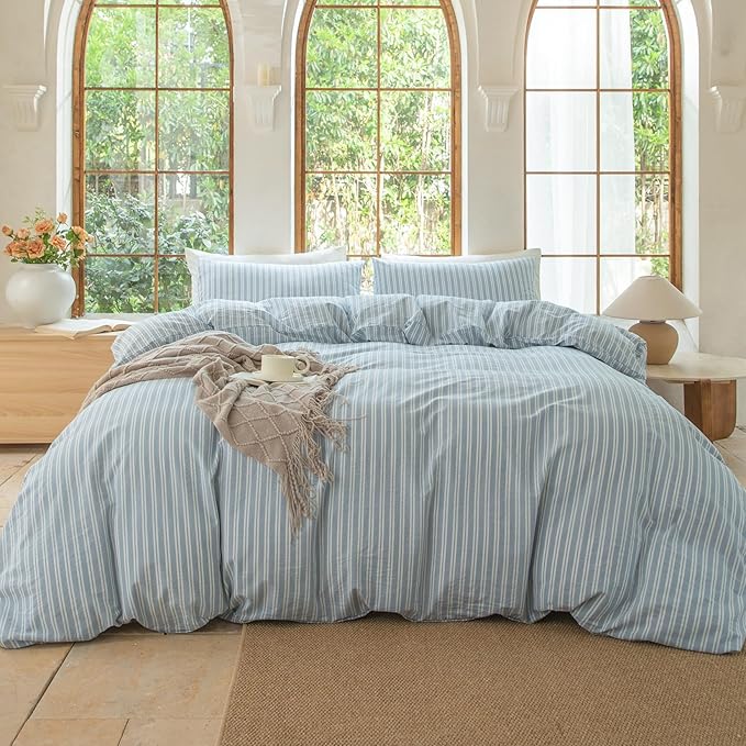 Luxury 100% Washed Cotton Linen Like Duvet Cover Set,3 Pcs Striped Duvet Cover with Zipper Closure(Strip-Cornflower Blue/White,Queen)