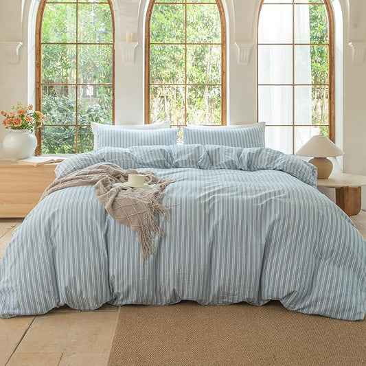 Luxury 100% Washed Cotton Linen Like Duvet Cover Set,3 Pcs Striped Duvet Cover with Zipper Closure(Strip-Cornflower Blue/White,Twin)