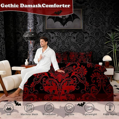 Erosebridal Gothic Damask Bed in a Bag Queen Comforter Set 7 Piece,Exotic Moth Bedding Sets Red Black Victorian Floral Goth Sheet Set with Comforter