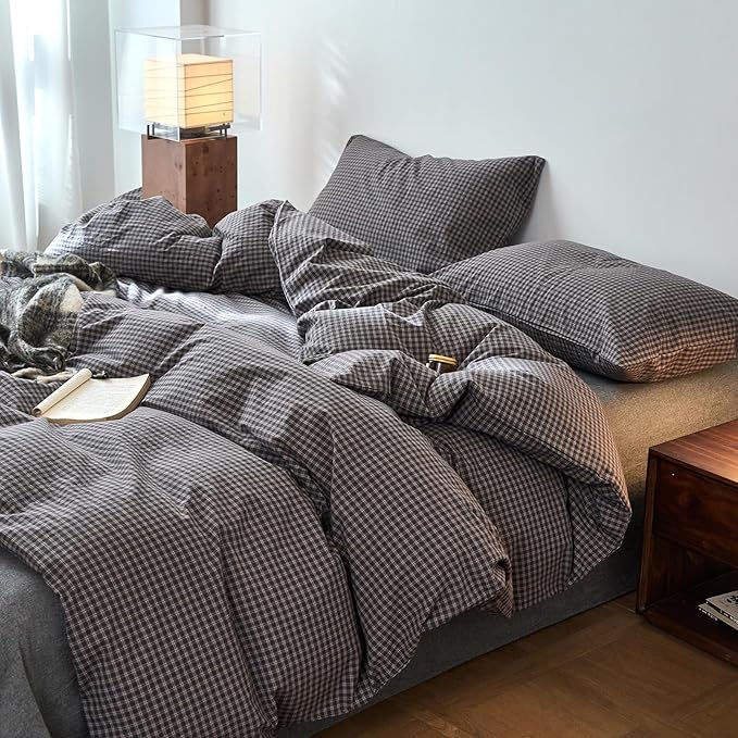 EAVD Vintage Style Dark Grey Plaid Duvet Cover King 100% Washed Cotton Like Linen Feel Soft Red Grid Gingham Bedding Set with 2 Pillowcases Reversible Retro Dark Grey Gingham Duvet Cover with Zipper