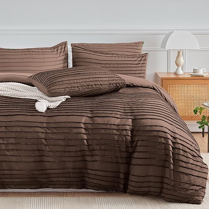 NEXHOME PRO Duvet Cover King,3 Pieces Boho Tufted Duvet Cover Set, Soft and Lightweight 100% Washed Microfiber Comforter Cover Set for All Season(Dark Brown,104 x 90)-No Comforter