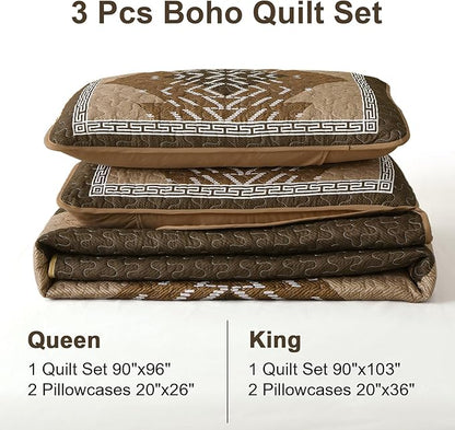 Dintszyayue Brown Quilt Set Queen Size,3 Piece Boho Aztec Texture Bedspread Coverlet Set Reversible Lightweight Bedding Set Geometric Bohemian Bed Cover with 2 Pillowcases(Dark Brown,90"x96")