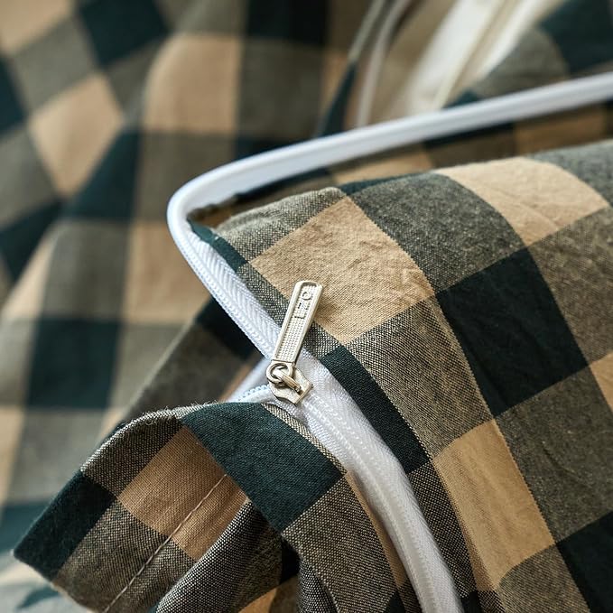 VM VOUGEMARKET Teal Beige Plaid Duvet Cover Set 100% Washed Cotton Linen Like Textured Breathable Durable Comfy Modern Bedding Set for Boys Men (Queen 90"x90")