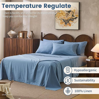 100% Linen Sheets Queen Size,Breathable & Durable 4-Piece Bed Flax Sheet Set,Soft All-Season Bedding for Hot Sleepers 16" Deep Pocket Oeko-TEX Certified,（Queen, Dusty Blue）
