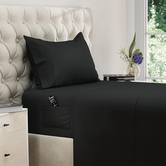DREAMCARE Twin XL Sheet Sets – 3pcs Cooling Sheets – up to 21” Extra Deep Pocket Twin XL Sheets Set – Hotel Luxury Sheets & Pillowcases – Superior Softness 100% Fine Microfiber with Side Pocket –Black