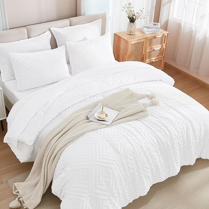 Andency White Super King Plus Size Comforter Set with Sheets - 7 Pieces Bed in a Bag Boho Tufted Bedding Sets Fluffy Lightweight Oversized King Bed Set with Comforter, Sheets, Pillowcases & Shams