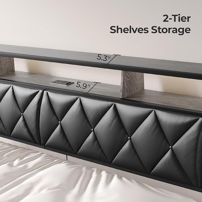 Full Headboard Only, Headboard for Full Size Bed with Storage, Upholstered Headboards with LED Lights & Charging Station, Attach Frame, Ideal for Bedroom/Dorm/Guest Room, Black, Faux Leather