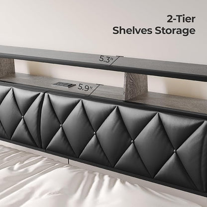 Full Headboard Only, Headboard for Full Size Bed with Storage, Upholstered Headboards with LED Lights & Charging Station, Attach Frame, Ideal for Bedroom/Dorm/Guest Room, Black, Faux Leather