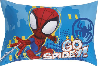 Disney Marvel Spidey and his Amazing Friends Spidey Team Red, White, and Blue 4 Piece Toddler Bed Set - Comforter, Fitted Bottom Sheet, Flat Top Sheet, and Reversible Pillowcase
