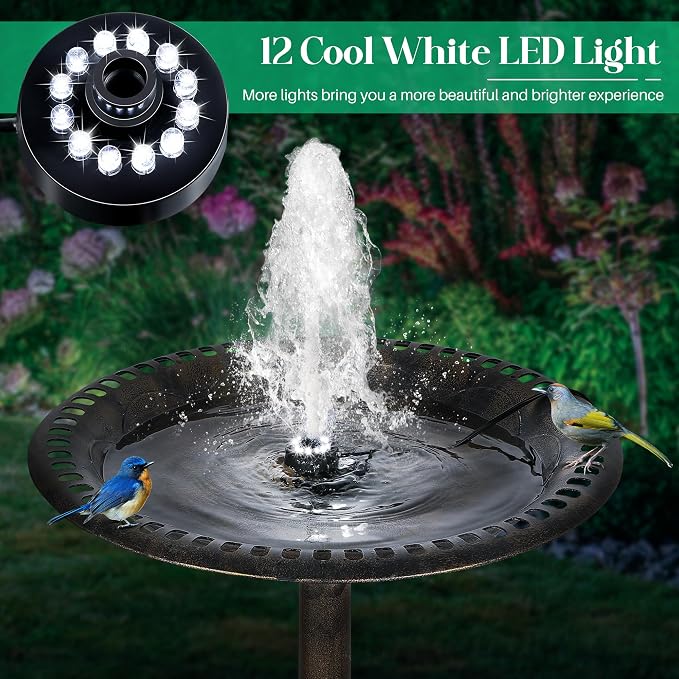 Bird Bath Fountains with 12 LED Lights, 24 Hour Working Fountain Pump with Light, Adjustable Watering Submersible Pump for Outdoor Water Garden, Pond(Cool White)
