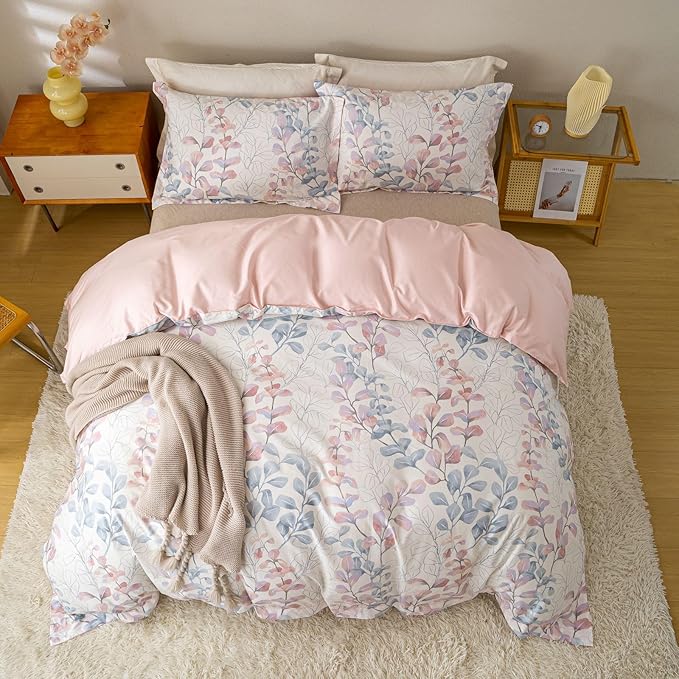 OAITE Duvet Cover Set Queen Size Floral Pattern Ultra Soft 100% Cotton Duvet Cover Sets 3-PC, Breathable Duvet Cover with Zipper Closure & Corner Ties(2 Pillow Shams,1 Duvet Cover)