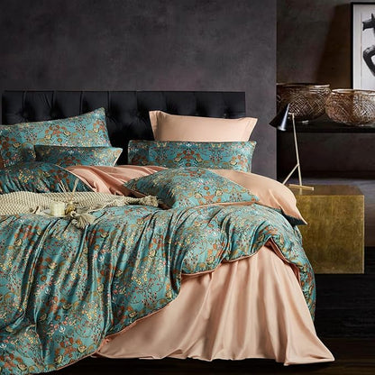 Vintage Style Duvet Cover Set,5 PCS Boho Comforter Cover Set,Paisley Floral Bedding Set,Green Floral Duvet Cover,King Duvet Cover,Soft Reversible Design(Autumn,King/California King)