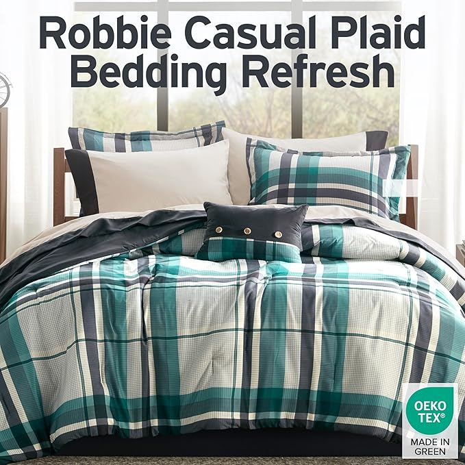 Intelligent Design Robbie 7-Piece Twin XL Comforter Set – Lightweight All-Season Plaid Bedding, Teal/Black, Cozy Bed-in-a-Bag with Matching Shams & Decorative Pillow, Modern Casual Style