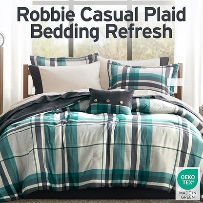 Intelligent Design Robbie 7-Piece Twin XL Comforter Set – Lightweight All-Season Plaid Bedding, Teal/Black, Cozy Bed-in-a-Bag with Matching Shams & Decorative Pillow, Modern Casual Style
