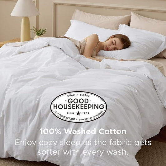 Bedsure 100% Washed Cotton Duvet Cover King - Bright White Minimalist Duvet Cover Linen Like for All Seasons - GentleSoft™ Plain Simple Cotton Bedding, 3 Pieces (Bright White, King, 104"x90")