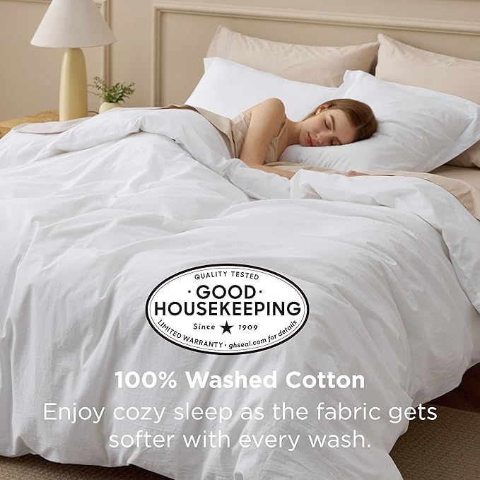 Bedsure 100% Washed Cotton Duvet Cover Oversized King - Bright White Minimalist Cotton Duvet Cover Linen Like for All Seasons - Plain Simple Bedding Set (Bright White, Oversized King, 120"x98")