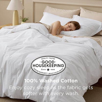 Bedsure 100% Washed Cotton Duvet Cover Oversized King - Bright White Minimalist Cotton Duvet Cover Linen Like for All Seasons - Plain Simple Bedding Set (Bright White, Oversized King, 120"x98")