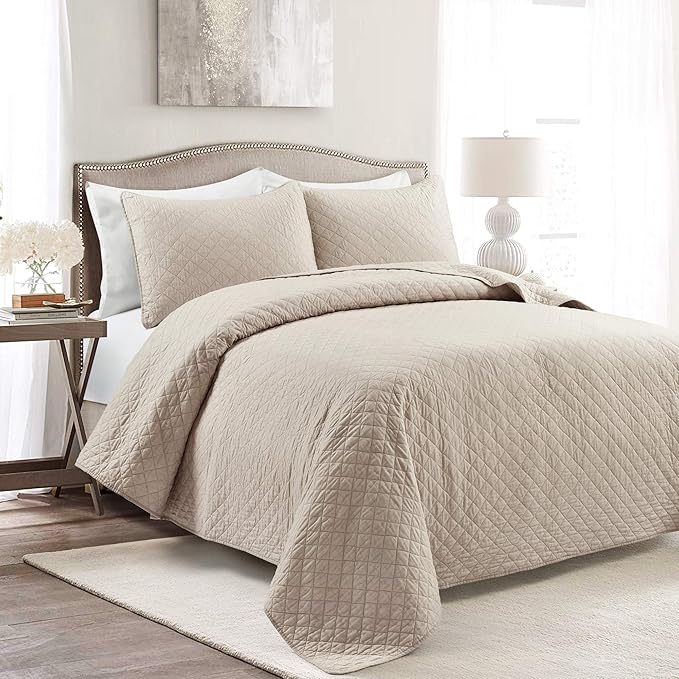 Lush Decor Ava Diamond Cotton Quilt California King Size 3 Piece Set King/California King Neutral - Beige Bedding Set California King Quilt - Quilts
